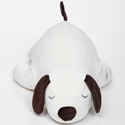 White plush dog toy with brown accents on a white background