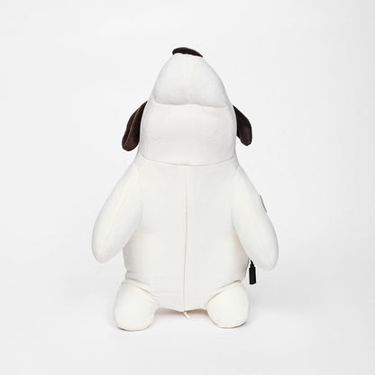 White plush toy with black accents on a white background