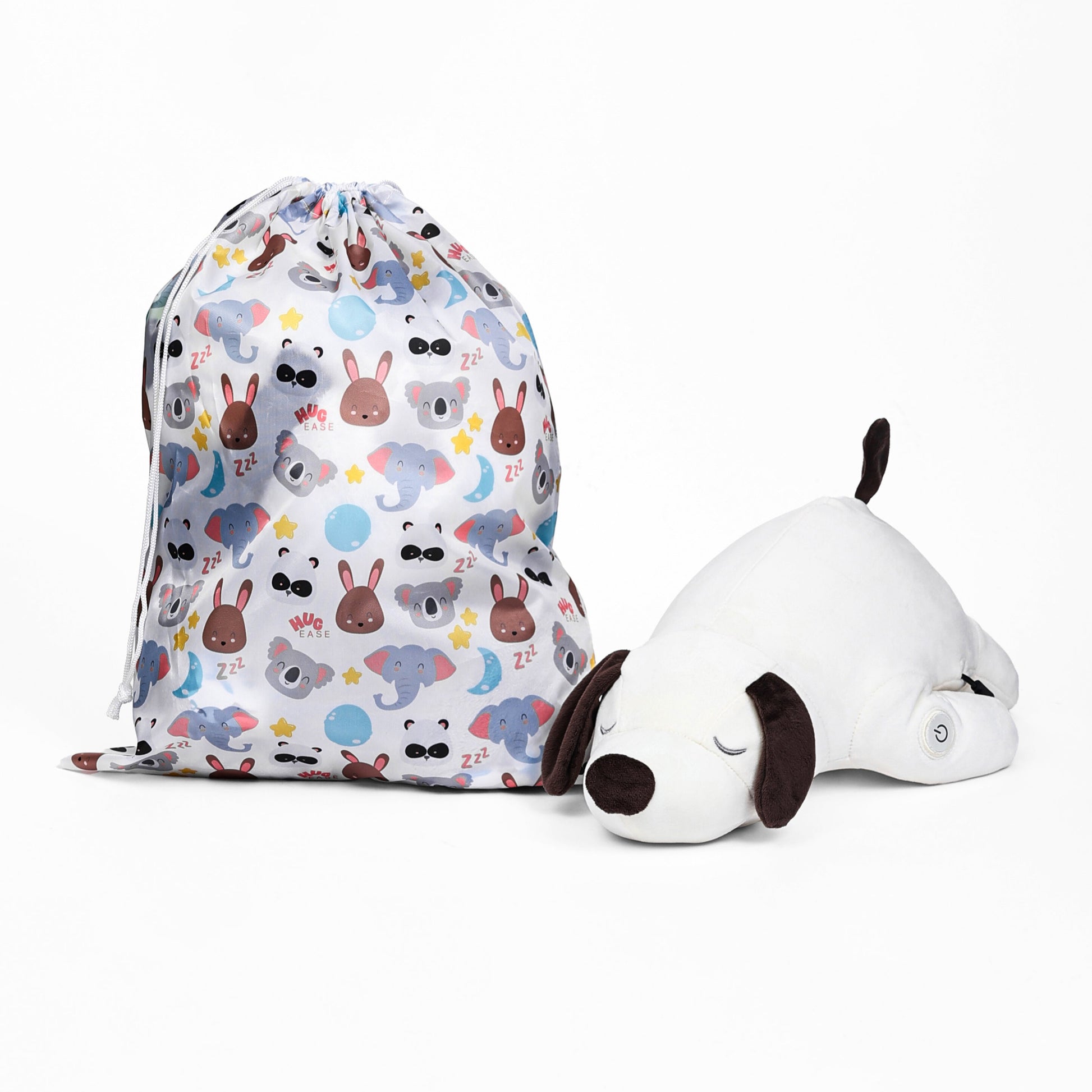 Drawstring bag with animal pattern and plush dog toy on a white background