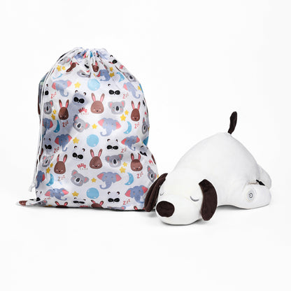 Drawstring bag with animal pattern and plush dog toy on a white background