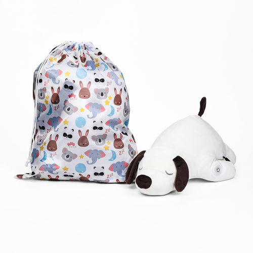 Drawstring bag with animal pattern and plush dog toy on a white background